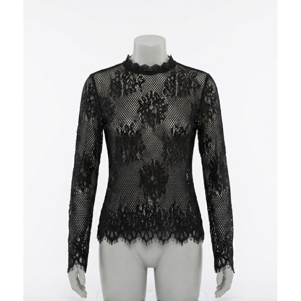 FORWHY Black Lace Sheer Mock Neck Long Sleeve Gothic Witchy Top Blouse Sz Small